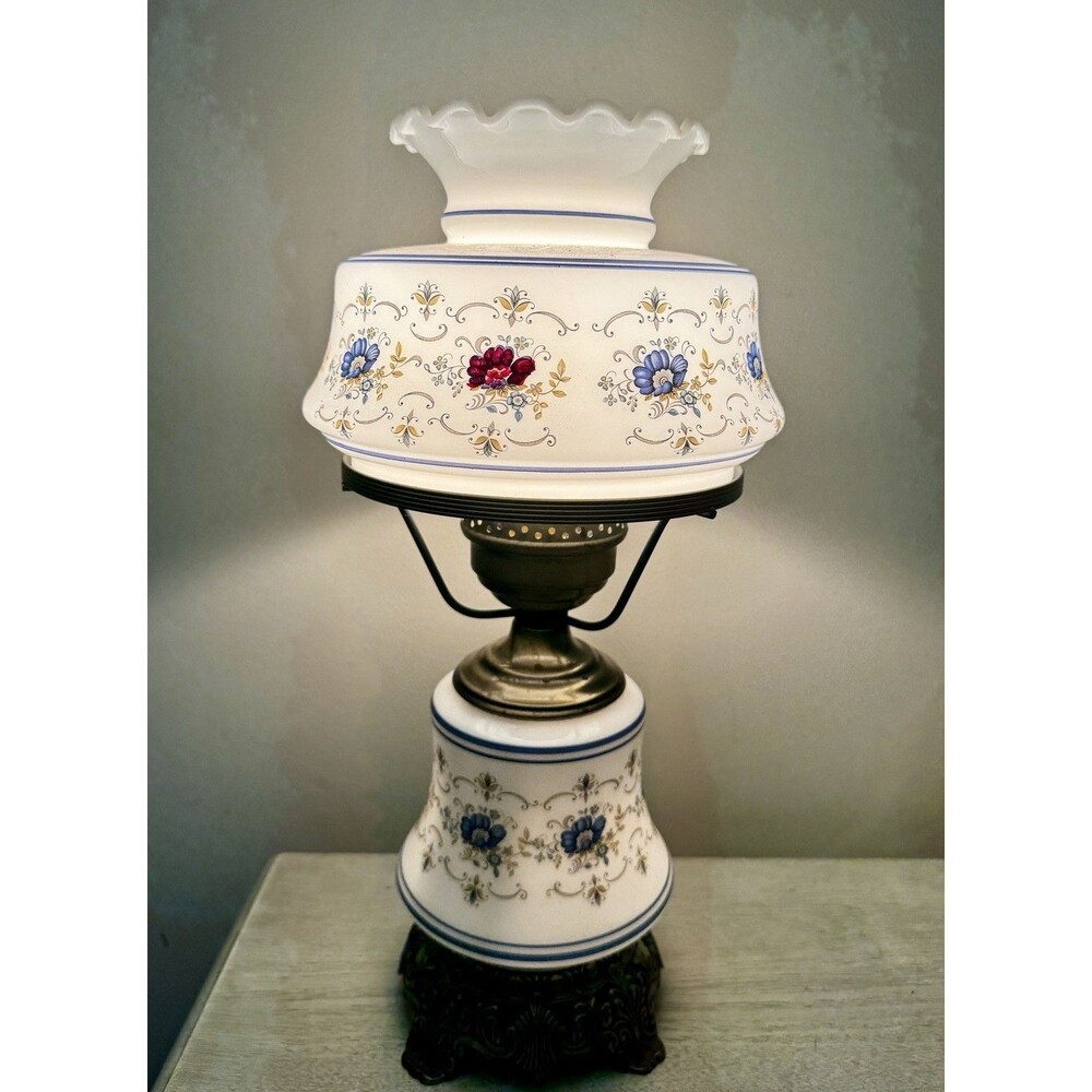 Vintage Quoizel Model 1960 Gone with the Wind Lamp Blue Floral Milk Glass Parlor
